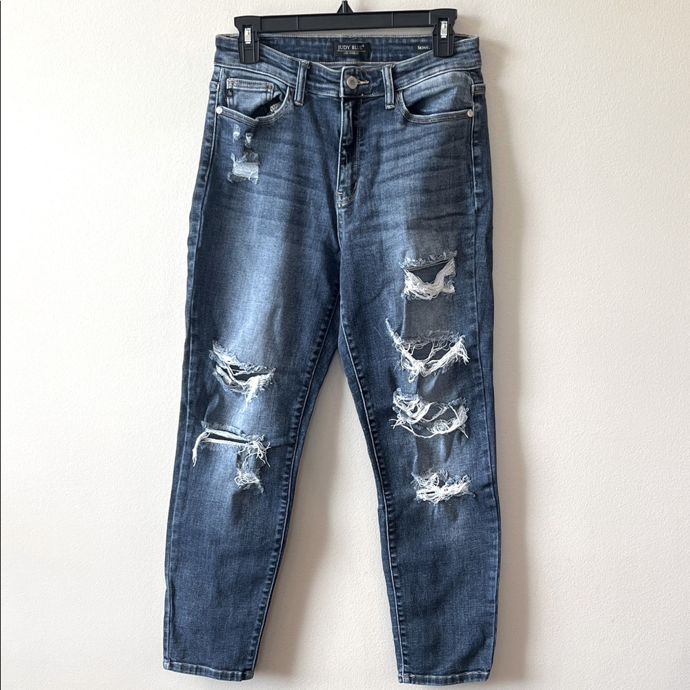 Judy Blue Distressed Ankle Jeans Women 7/28 Dark Blue Denim‎ Stretch Skinny Fit